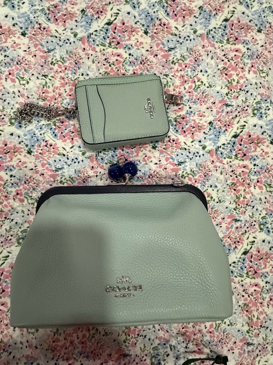 Coach Handbags - Coach Mint Green Leather Cosmetic Kiss-Lock Pouch with Card Case